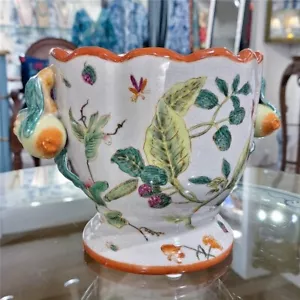 Porzellan Canton Blatt überbacken Cachepot Übertopf mit Granatapfel Griffen - 10" breit - Bild 1 von 6