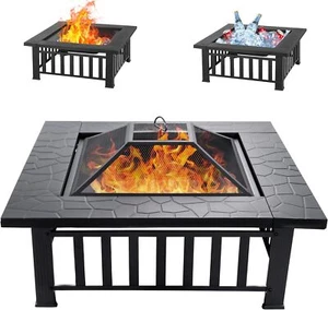 36 inch Fire Pit, Square Outdoor Fire Pit Table with Spark Screen & Fire Poker - Picture 1 of 7