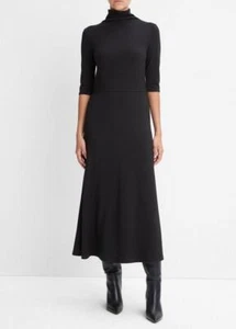 VINCE maglione vestito manica gomito dolcevita maglia midi linea nero business L - Foto 1 di 12