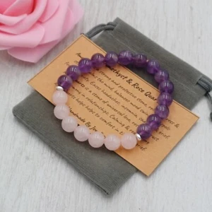 AMETHYST & ROSE QUARTZ Bracelet Handmade Crystal Healing Gemstone Stretch 6/8mm. - Picture 1 of 12