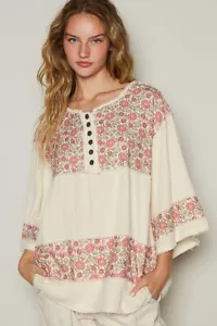 POL Clothing Floral 3/4 Sleeve Cotton Gauze Top in Cream - Picture 1 of 5