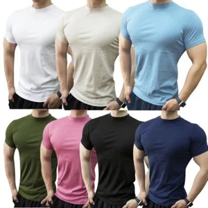 Men's Short Sleeve Athletic T-Shirt Turtleneck Muscle Tops Slim Fit Undershirts - Picture 1 of 34