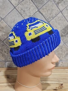 Children's Blue Yellow Car Beanie Hat Skull Cap  Knitted - Picture 1 of 5