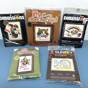 Lot of 5 Vintage Needlepoint Kits, Jiffy, Sunset, Dimensions