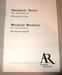 Anleitung Bedienungsanleitung Aufstellhinweise AR Acoustic Research Lautsprecher - Bild 1 von 2