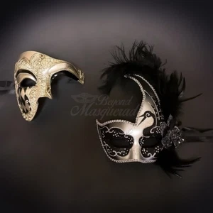 Couples Silver Jester Phantom and Black Silver Swan Costume Masquerade Masks Set - Picture 1 of 4