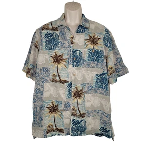 Camisa Hawaiana Woolrich Para Hombres L Botón Tribal Geométrica Seda Algodón Palmeras - Imagen 1 de 8