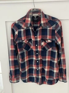 Camicia di flanella American Eagle Boyfriend Fit blu rossa piccola a scatto davanti western - Foto 1 di 8