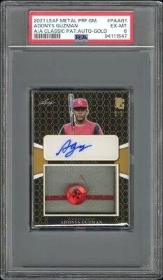 2021 Perfect Game AUTO Patch Button Gold /5 ADONYS GUZMAN Arizona Wildcats PSA 6 - Image 1 of 2
