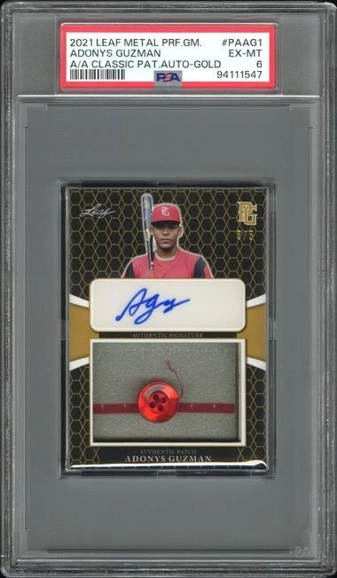 2021 Perfect Game AUTO Patch Button Gold /5 ADONYS GUZMAN Arizona Wildcats PSA 6 - Image 1 of 2