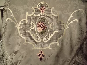 Vintage Silk Green Embroidered Floral Shawl or Cover w/ Fringe - Picture 1 of 12