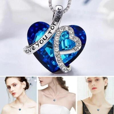 Damen Halskette Anhänger Blau Herz I Love you Strass  Geschenk Party Strand - Bild 1 von 4