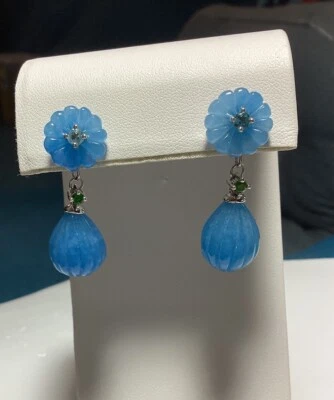 Carved Blue Burmese Jade Multi gem Sterling Flower Drop Earrings  - Image 1 of 4