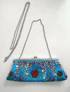 Teal Beaded Embroidered Floral Satin Bag Kiss Lock Multi-Chain Purse Clutch - Picture 1 of 8