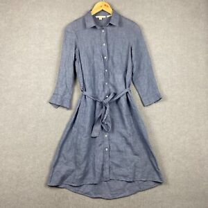 Trenery Dress Womens 4 Blue French Linen Midi Button Up Shirt Style Waist Tie