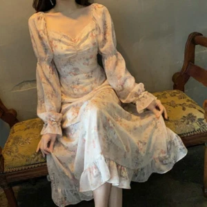 Retro Blumen Chiffon langes Kleid eckiger Ausschnitt Langarm Rüschen Boho elegant - Bild 1 von 12