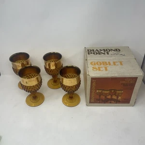 Vintage Indiana Glas Bernstein Diamant Spitze Kelche 6,5 Zoll, 4er Set #7906 mit Box - Bild 1 von 16