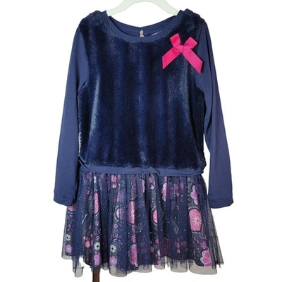 Dollie & Me девочек искусственного меха балетной платье синий размер 7 бант длинным рукавом цветочный тюль - Изображение 1 из 4