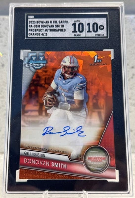 Donovan Smith Orange Sapphire Auto /25 - 2023 Bowman Chrome U SGC 10 GEM MINT RC - Image 1 of 3