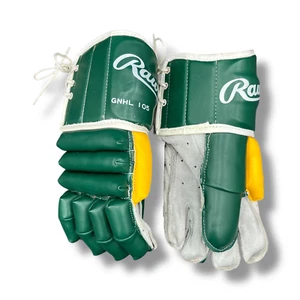 Guanti da hockey vintage Rawlings GNHL 105 taglia media pelle verde/gialla come nuovi - Foto 1 di 15