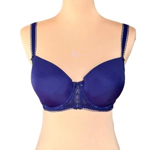 NWOT Lou Paris Satin T-Shirt Bra Sz.E Blue Lace Underwire Sexy Lingerie Smooth - Picture 1 of 10
