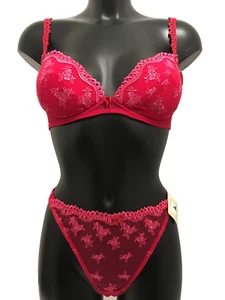 Red Bra 32B Underwired Padded Push Up Removable Pads & Sheer Thong Panty 10 Set - Imagen 1 de 17