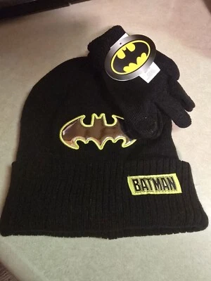 DC Comics Batman Negro Gorro y Guantes Conjunto Niños Negro Amarillo Plata Nuevo Foto 1 de 4
