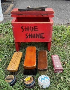 Vintage Shoe Shine Box Red Kit Vintage Wood Brushes & Creams - Picture 1 of 20
