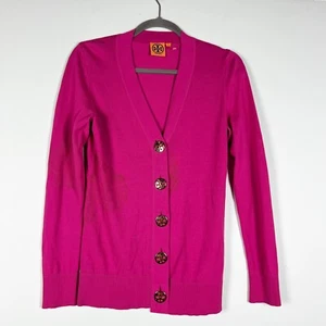Tory Burch Cotton Knit V Neck Gold Logo Button Cardigan Sweater Pink Small - Picture 1 of 4