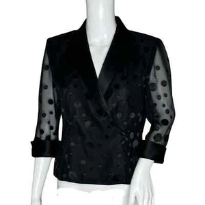 Alex Evenings Shirt Womens Small Petite Black Sheer Polka Dot Topper Neutral - Picture 1 of 6