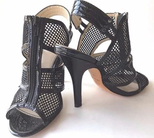 Isola Cage Sandal Black Leather 4.5" Heel Zipper Front Slingback Peeptoe Women 7 - Picture 1 of 5