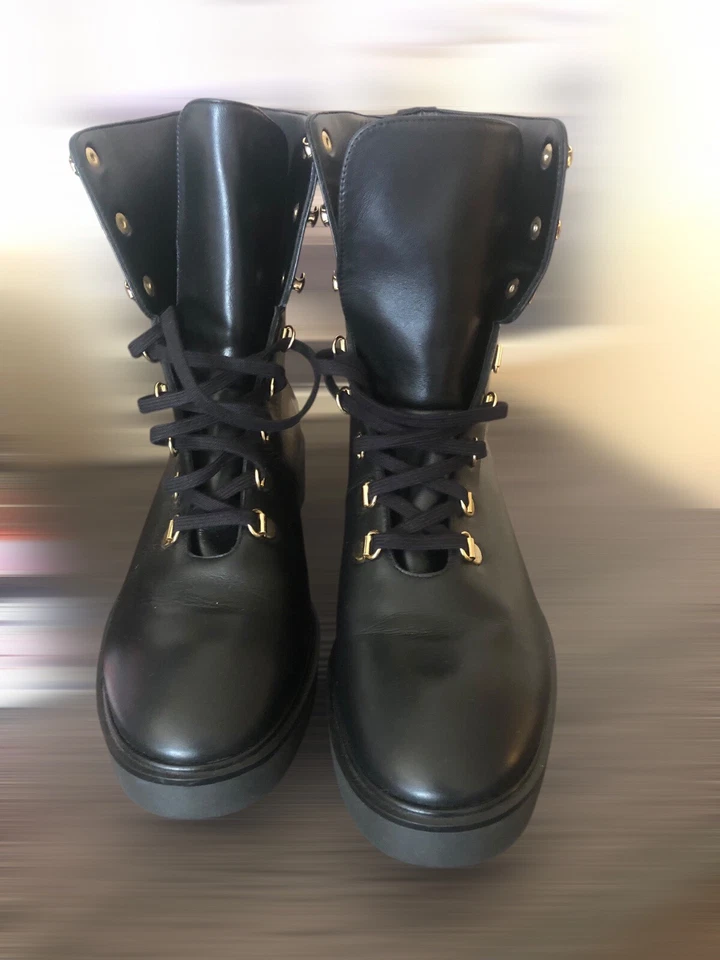$600 STUART WEITZMAN boots BLACK LEATHER STACKED Sz 8.5 - Image 1 of 4