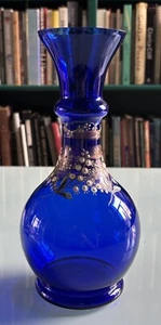 Vintage Cobalt Blue Vase Hand Painted Enamel Flowers Gold Leaves - Picture 1 of 8