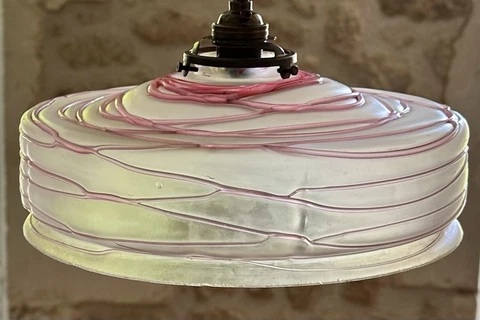 Vintage French Frosted Rose Pink Pate De Verre Glass Ceiling Shade + Fittings Cover
