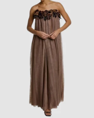$990 Badgley Mischka Women's Brown Floral Strapless Velvet Gown Dress Size 4 - Изображение 1 из 3