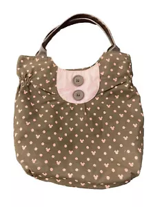 Disney Purse Tote Brown Pink Polka Dot Cotton Bag Satchel Shopper Mickey Mouse - Picture 1 of 3