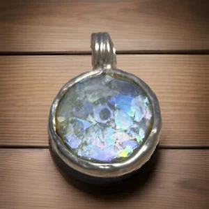 925 Sterling Silver Vintage Roman Glass Modernist Round Pendant Signed - Picture 1 of 8