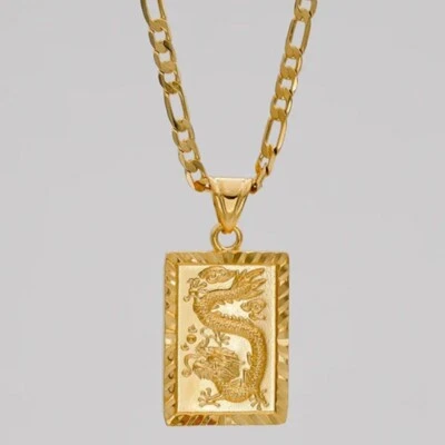 24k Gold Filled Over Brass 24" Cuban Figaro Dragon Pendant Necklace D451 - Image 1 of 4