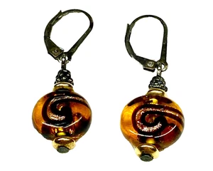 Gold Glass Earrings With Gold Glitter Swirl Dangle Earrings Leverback Close - Picture 1 of 4