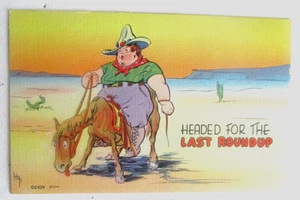 Postal de humor de lino vintage de los años 30 de HEADED FOR THE LAST ROUNDUP - Imagen 1 de 2