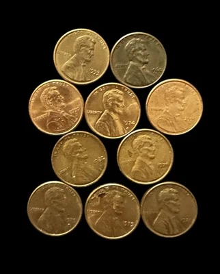 Lot Of 10 Lincoln Memorial Pennies AU VF XF Grades 1969-2000 Denver San Fran - Image 1 of 2