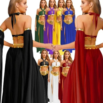 Women Halloween Belly Dance Costume Crop Tank Top Split Sleeves Sequins Skirts - Image 1 of 4