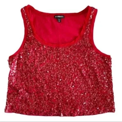Camiseta sin mangas Express roja metálica lentejuelas Y2K malla caprichosa S Foto 1 de 4