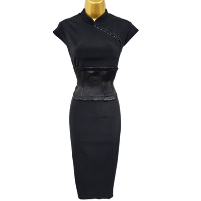 12 UK Karen Millen Vintage Black Cheongsam Oriental Chinese Corset Pencil Dress - Image 1 of 4
