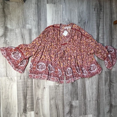 NWT Free People Large Lorriane Flowy Cropped Kimono Boho Floral Bell Sleeves - Image 1 of 4