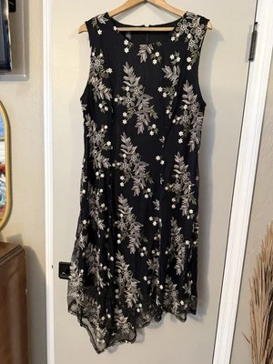 Alfani Midi Dress Womens Plus 18W Black Embroidered Mesh Overlay Hanky Hem - Image 1 of 4