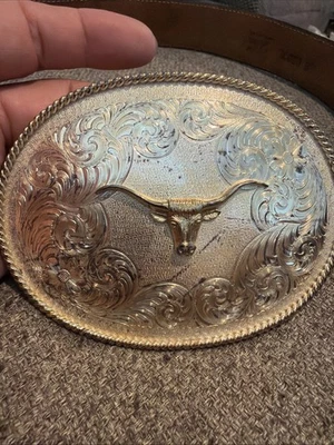 Montana Silversmiths Oval Longhorn Bull Showpiece Cowboy Belt Buckle W/ T Lama B - Image 1 of 4