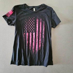 Til Valhalla Project Women's Black T-Shirt with Pink Distressed America Flag - Picture 1 of 6