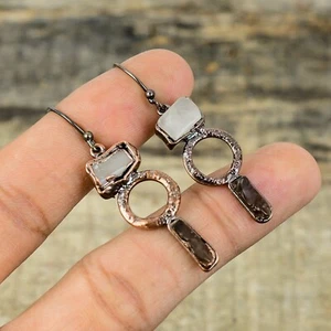 Rainbow Moonstone Rough Copper Electroformed Drop/Dangle Earrings 2.13" - Picture 1 of 6