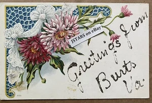 1910 BURTS, VA, CHRYSANTHEMEN BLUMEN GEPRÄGT GLITZER GRUSS POSTKARTE  - Bild 1 von 2